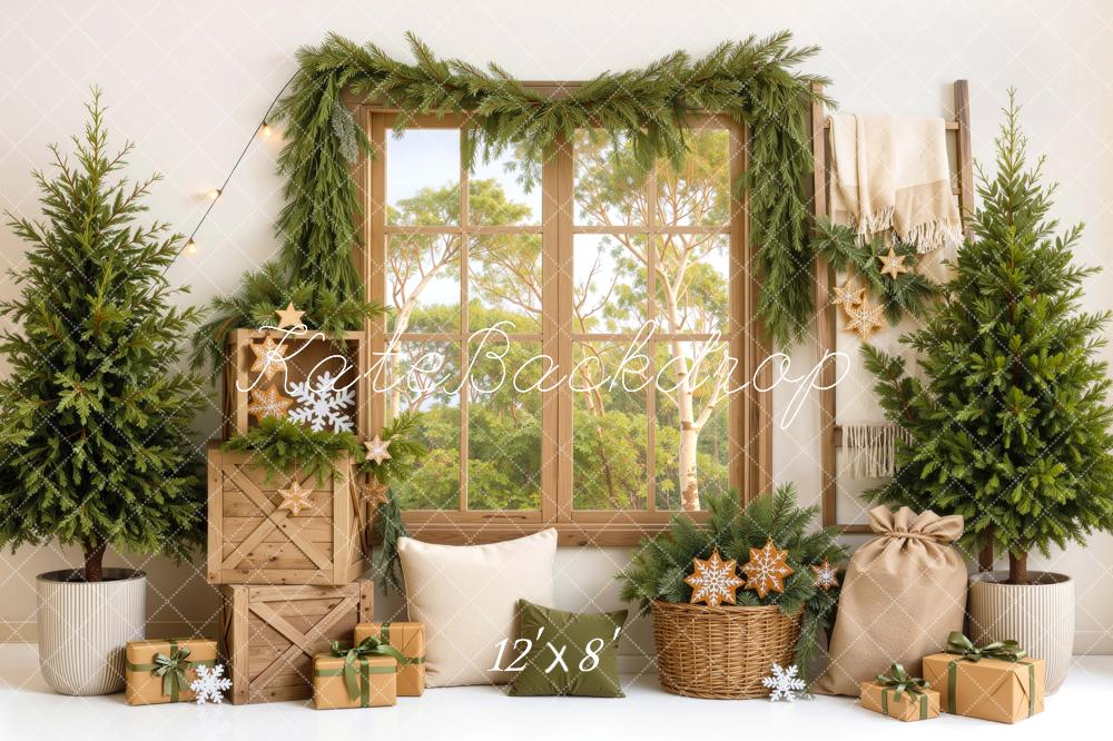 Kate Christmas Australian Rustic Window Evergreen Garland Gifts Printed Backdrop Designed by Mini MakeBelieve