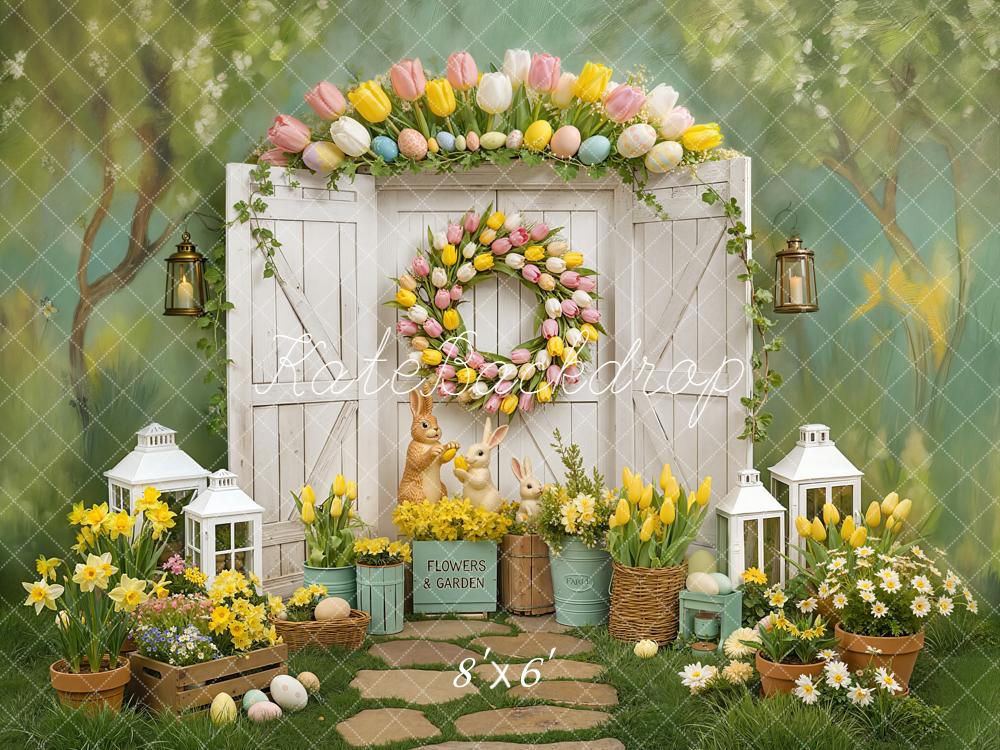 Kate Easter Bunny Tulip Wreath Garden Door Printed Backdrop Designed by Chain Photography