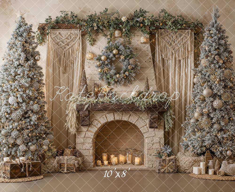 Kate Christmas Stone Fireplace Frosted Trees Boho Wreath Garland Backdrop Designed by Emetselch