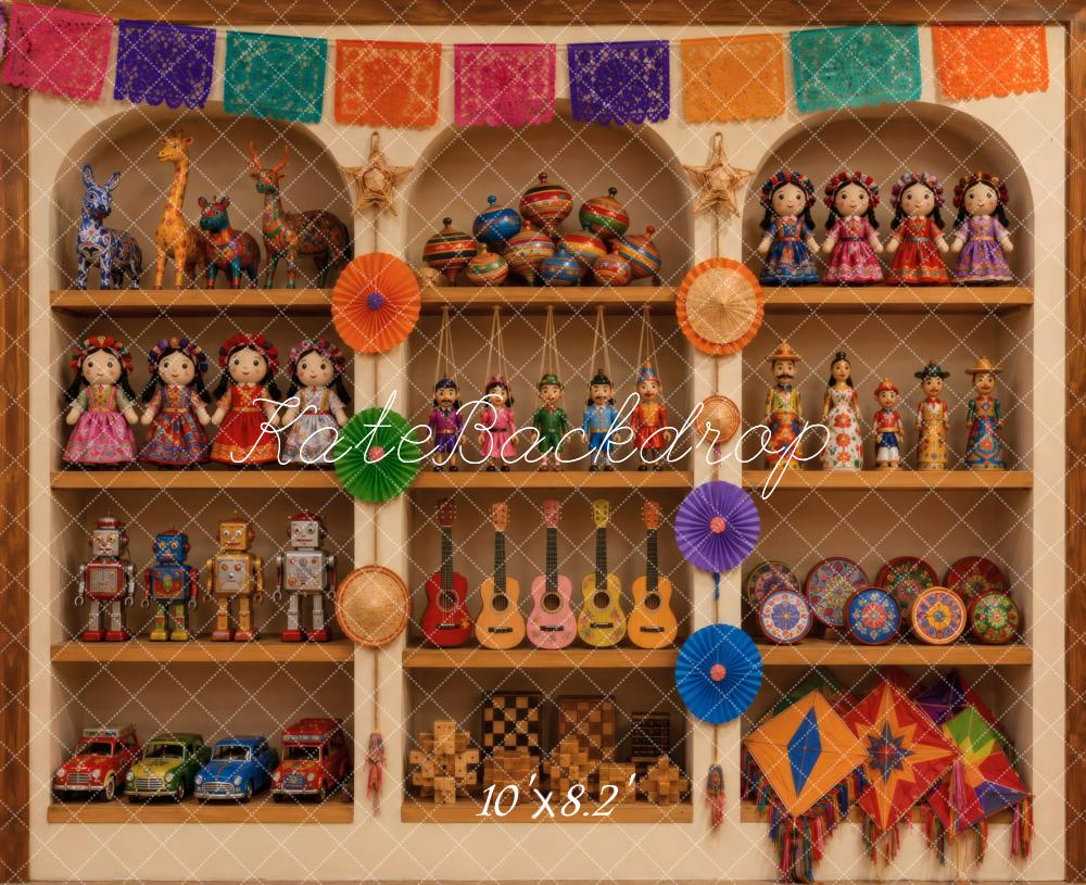 Kate Fiesta Colorful Mexican Folk Art Toy Cabinet Printed Backdrop Designed by Vertigo Productions