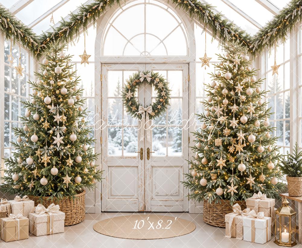 Kate Christmas Greenhouse Gold Star Trees Wreath Presents Printed Backdrop Designed by Emetselch