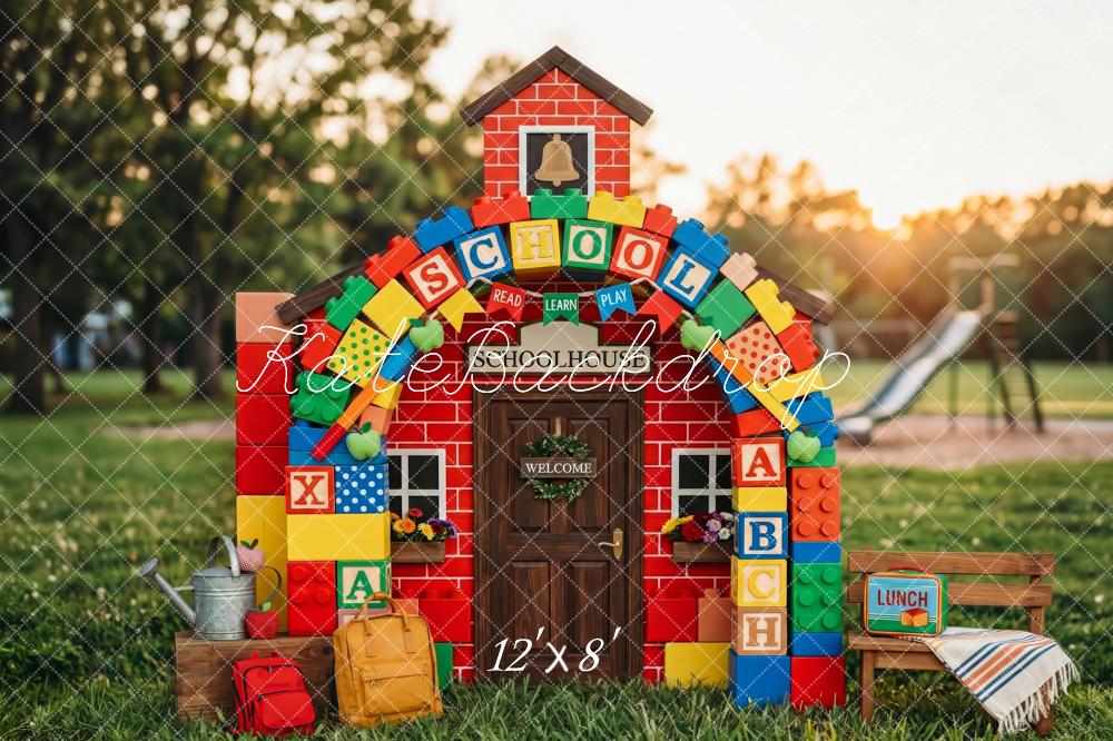 Kate Back To School Red Schoolhouse Building Blocks Playground Printed Backdrop Designed by Patty Roberts