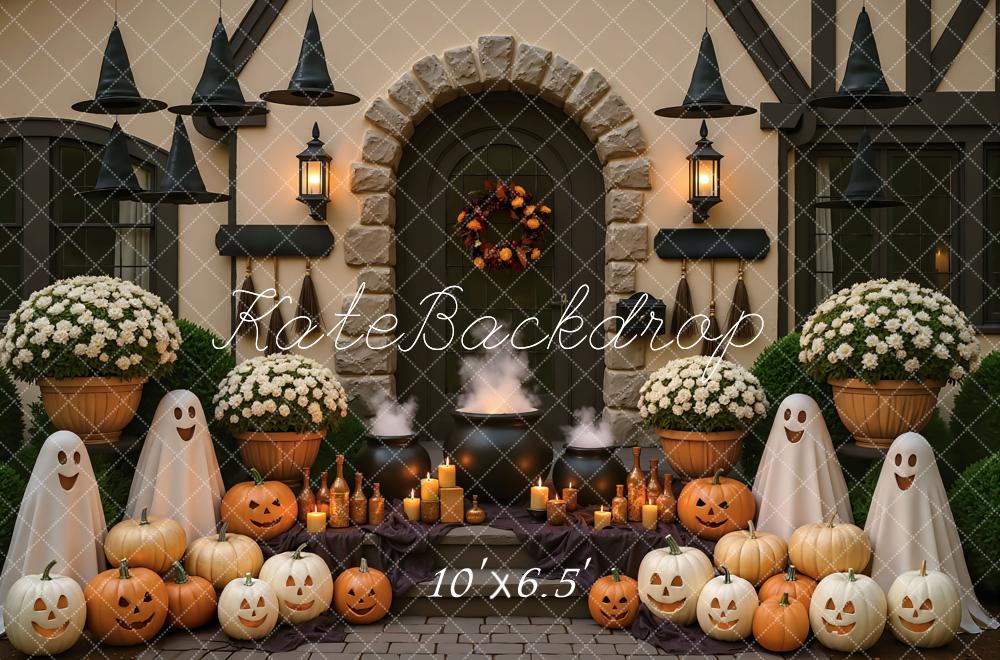 Kate Halloween Porch Ghosts Pumpkins Cauldron Witches Hats Backdrop Designed by Mini MakeBelieve