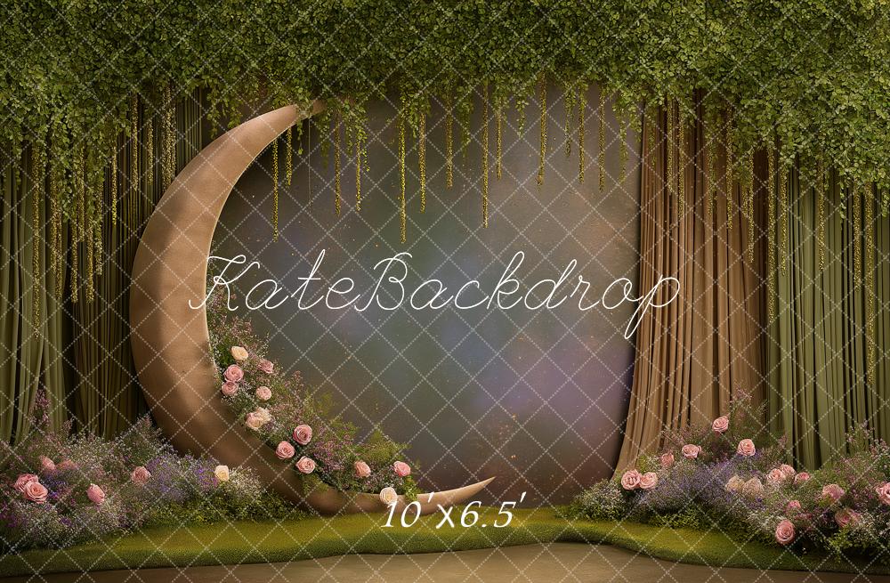 Kate Fantasy Crescent Moon Flowers Greenery Printed Backdrop Designed by Angela Miller