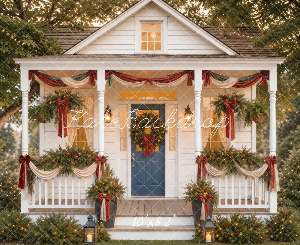 Kate Christmas Porch Garland Wreath Lantern Red Bows Printed Backdrop Designed by Emetselch