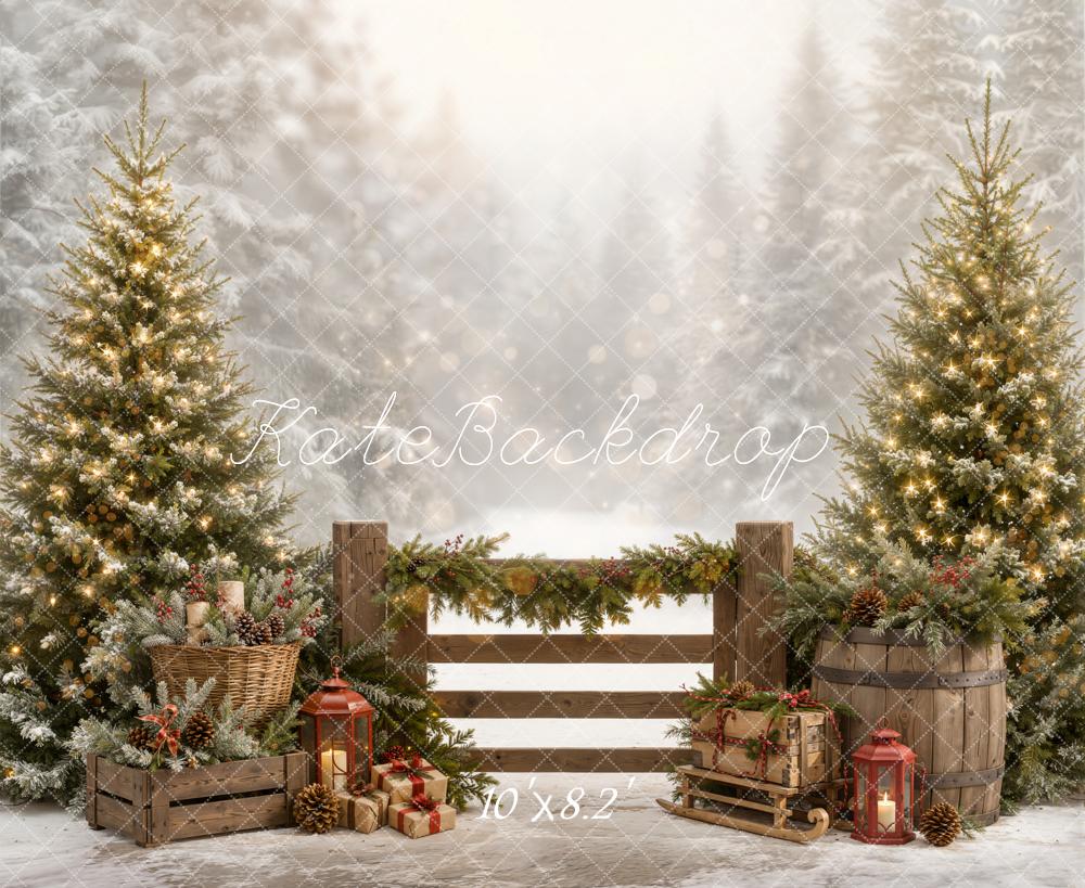 Kate Christmas Pine Trees Wooden Fence Garland Gifts Lantern Snow Printed Backdrop Designed by Emetselch