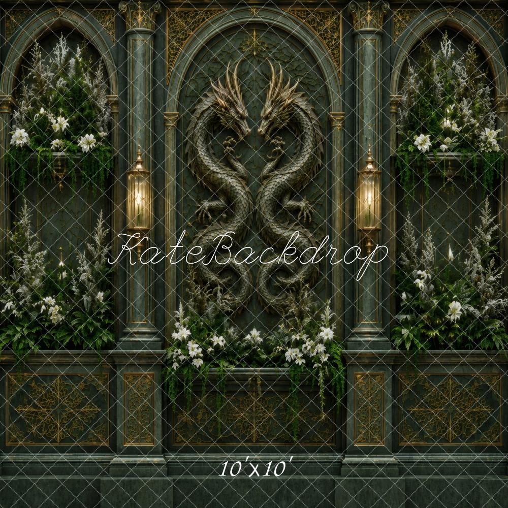 Kate Fantasy Dragon Gothic Arch Dark Green Wall Printed Backdrop Designed by Vertigo Productions