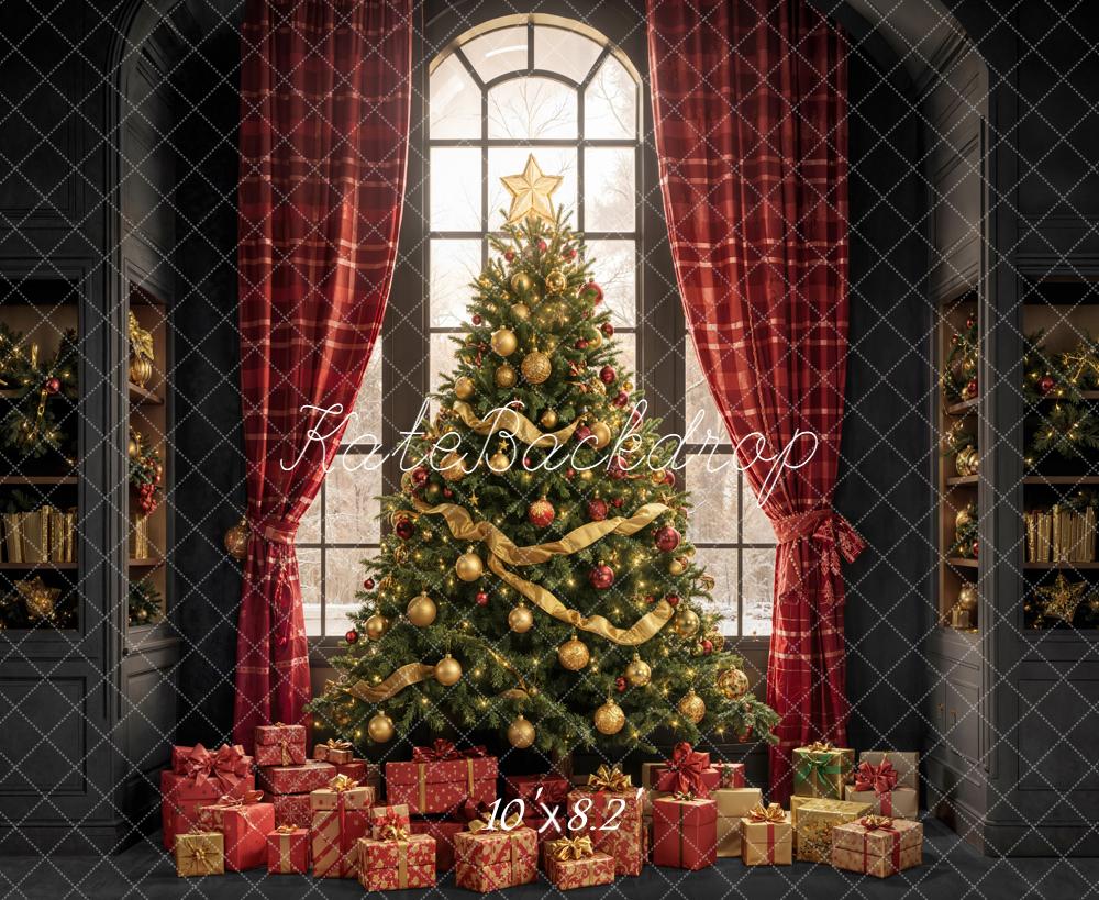 Kate Christmas Tree Red Plaid Curtains Window Gifts Backdrop Designed by Emetselch