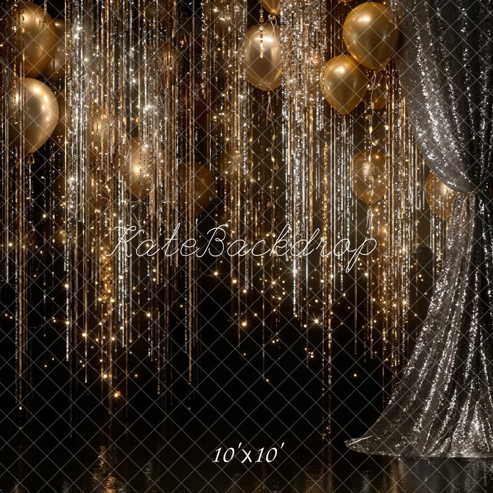 Kate New Year Gold Balloons Glittering Streamers Sequin Curtains Black Printed Backdrop Designed by Emetselch