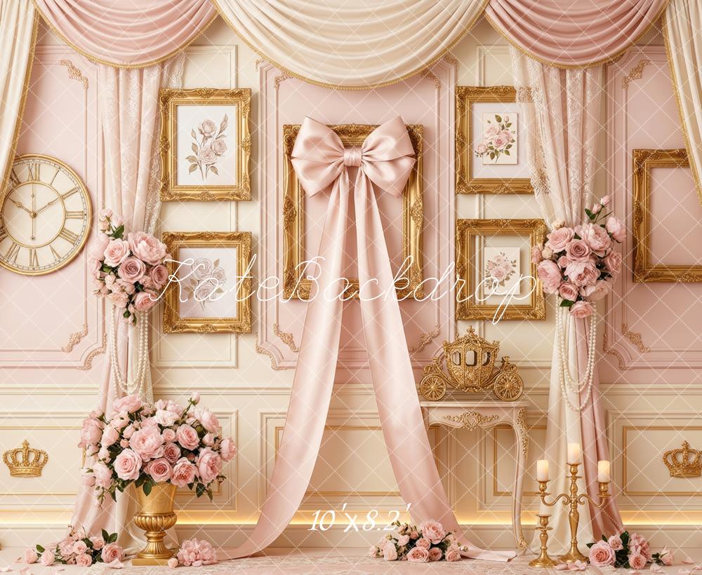 Kate Vintage Pink Bow Curtains Floral Gold Frame Wall Printed Backdrop Designed by Patty Roberts