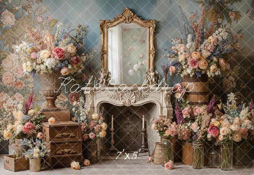 Kate Vintage Floral Mirror Fireplace Printed Backdrop Designed by Emetselch