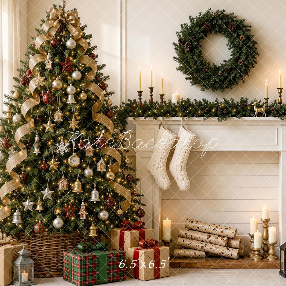 Kate Christmas Tree Fireplace Mantel Wreath Plaid Ladder Printed Backdrop Designed by Shutter Swan Studios