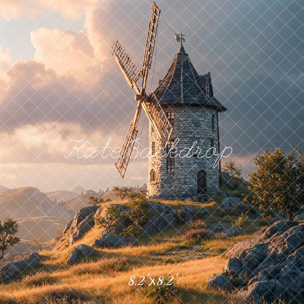Kate Windmill Stone Sunrise Meadow Printed Backdrop Designed by Chain Photography
