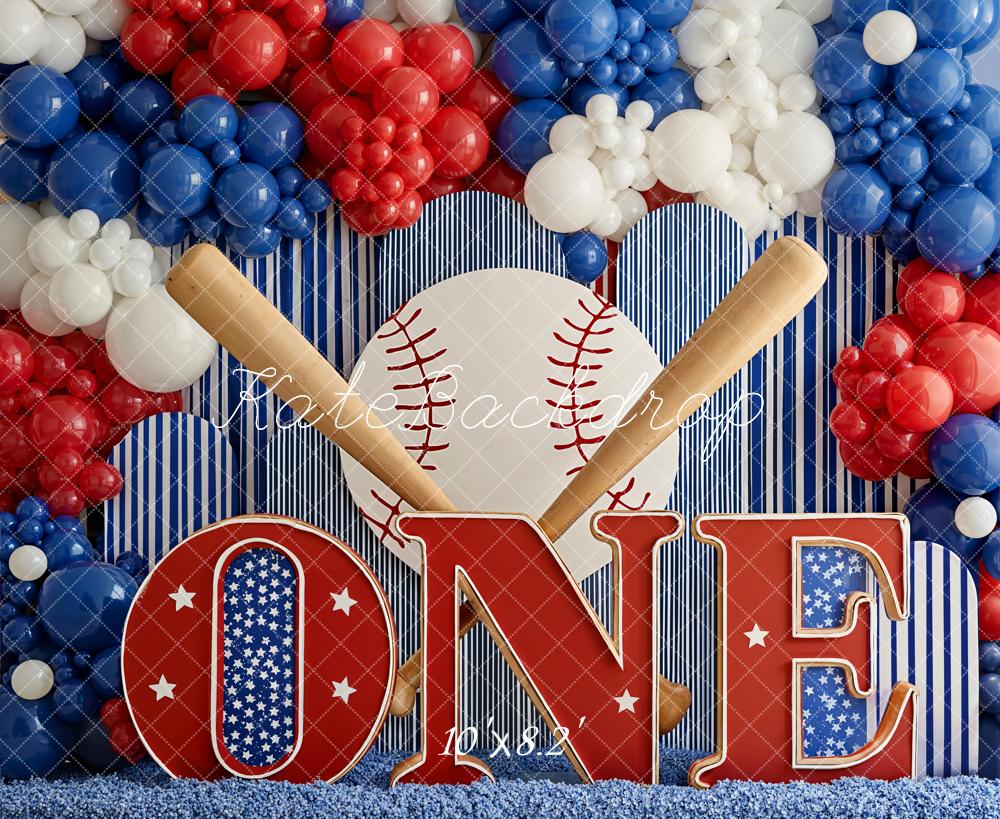 Kate Cake Smash Baseball Bats Balloons ONE Letters Red White Blue Printed Backdrop Designed by Emetselch