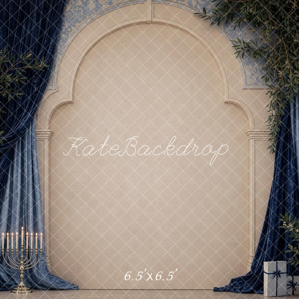 Kate Hanukkah Navy Drapes Arch Greenery Printed Backdrop Designed by Shutter Swan Studios