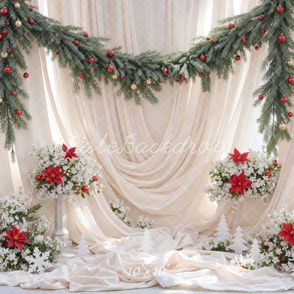 Kate Christmas White Drapes Pine Garland Poinsettia Flowers Printed Backdrop Designed by Mini MakeBelieve