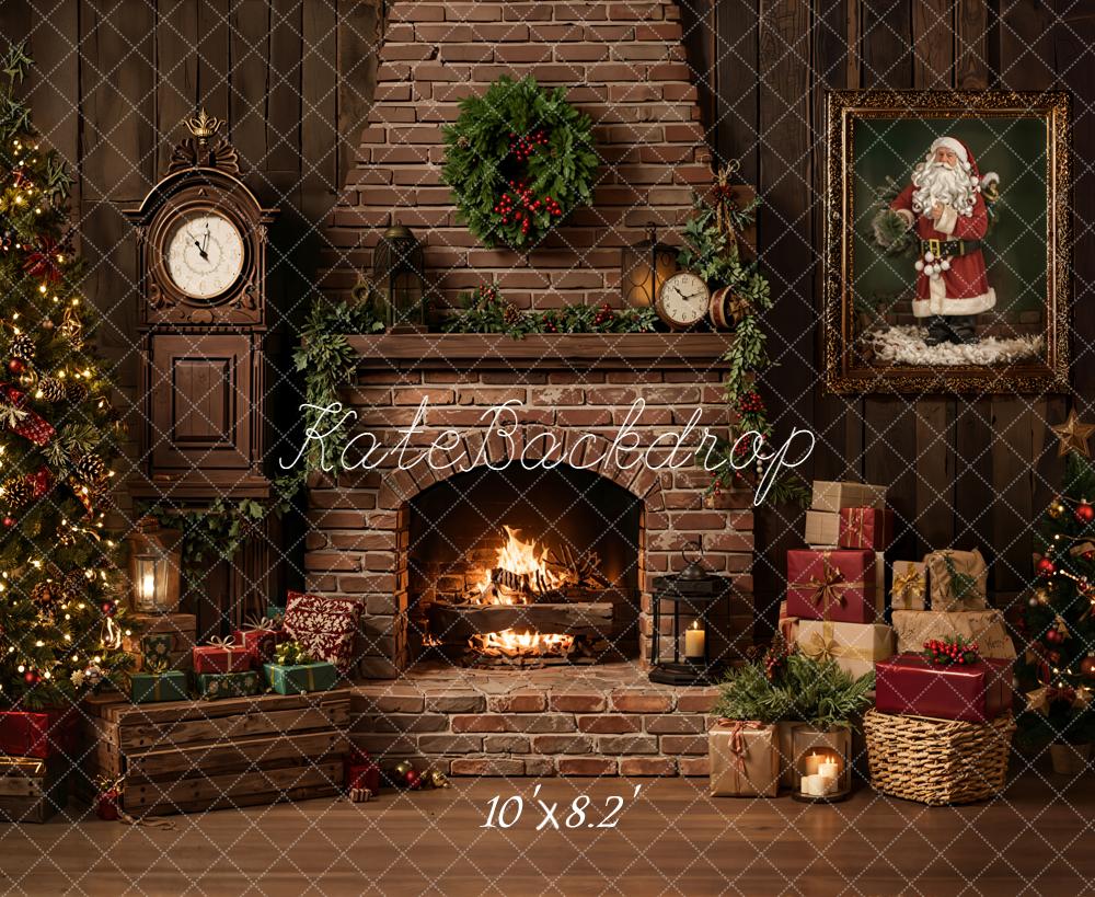 Kate Christmas Fireplace Tree Gifts Brick Wall Santa Printed Backdrop Designed by Emetselch