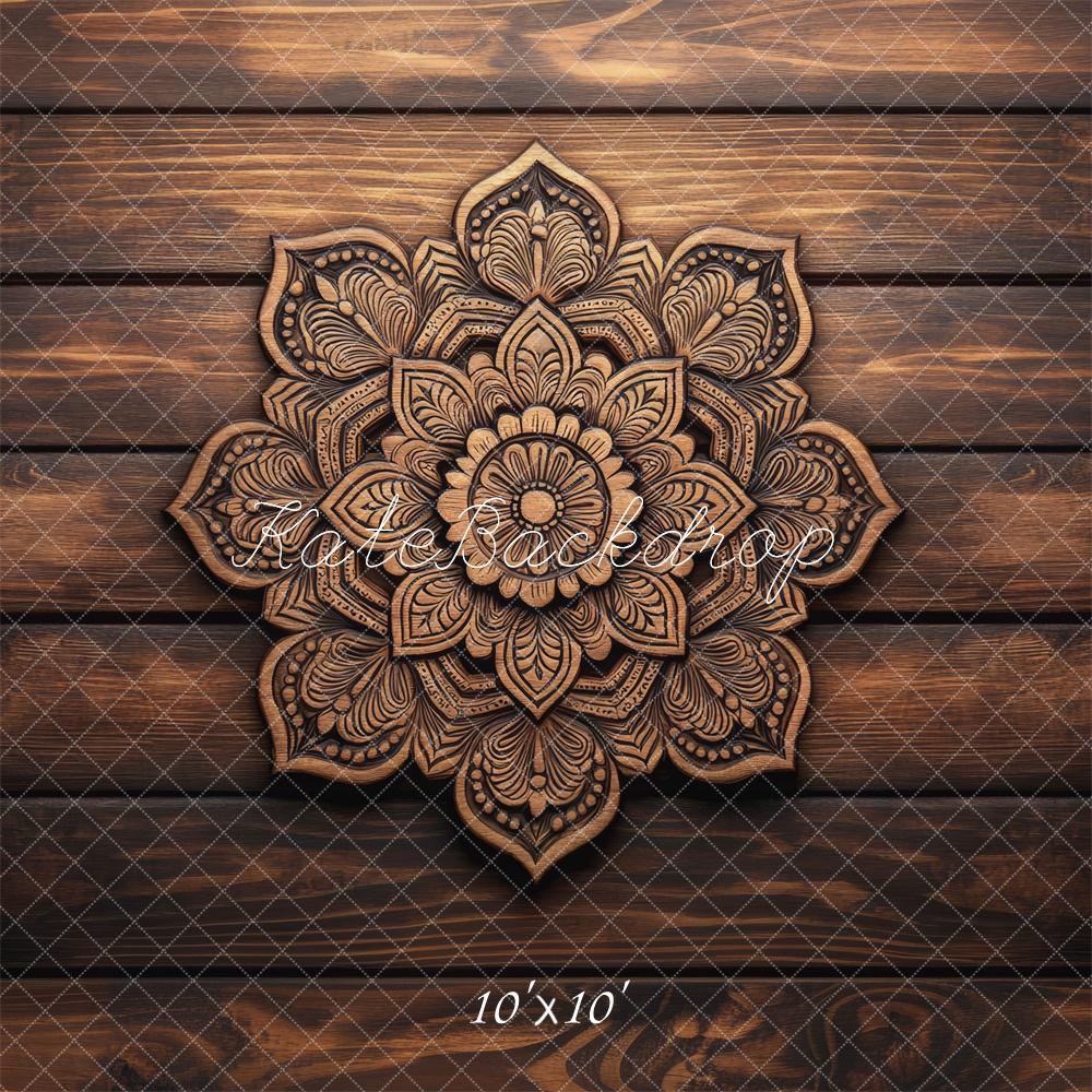 Retro Bloem Mandala Houten Vloer Foto Achtergrond Designed by Mini MakeBelieve