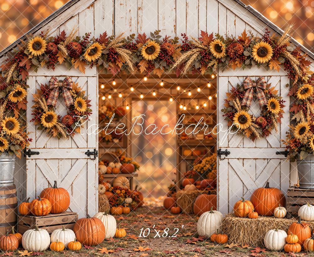 Kate Fall Barn Door Sunflower Wreath Pumpkin Maple Printed Backdrop Designed by Emetselch