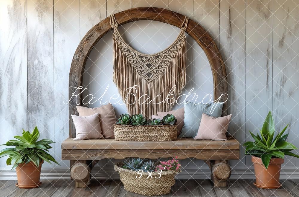 Kate Boho Macrame Wood Bench Backdrop Designed by Mini MakeBelieve