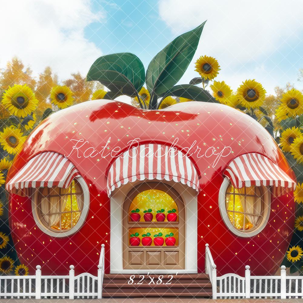 Fondo de girasoles de casa de manzana de otoño diseñado por Mini MakeBelieve