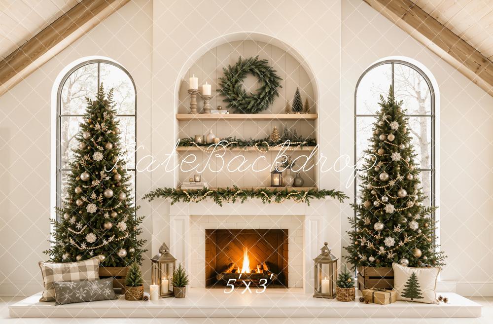 Kate Christmas Beige Fireplace Trees Mantel Gable Roof Printed Backdrop Designed by Emetselch