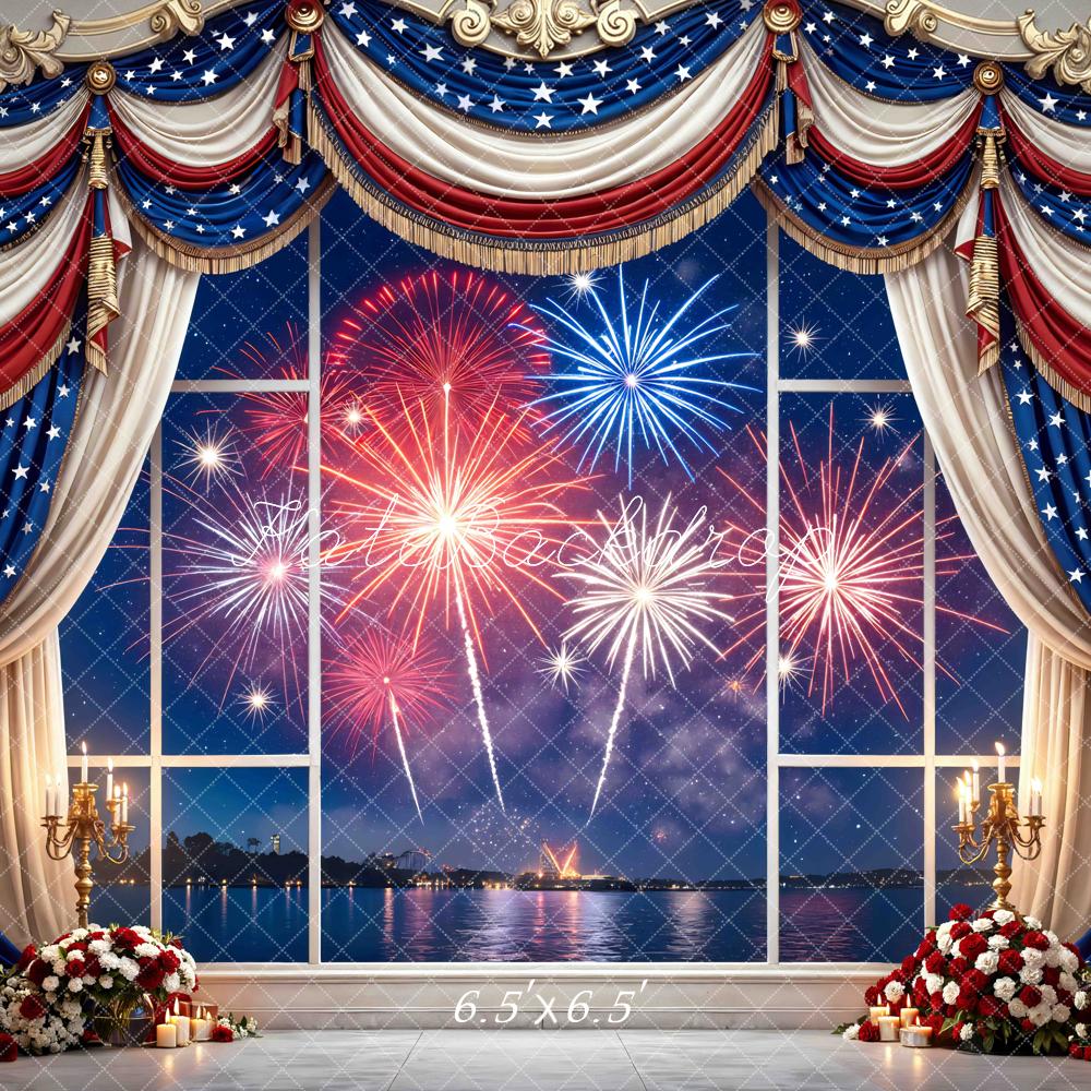 Kate Independence Day Window Fireworks Red White Blue Drapes Printed Backdrop Designed by Mini MakeBelieve