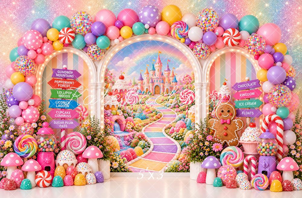 Kate Cake Smash Fantasy Candy Castle Lollipop Gingerbread Balloon Arch Printed Backdrop Designed by Ashley Paul