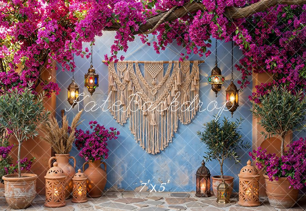 Kate Boho Macrame Pink Flower Arch Lanterns Blue Wall Backdrop Designed by Emetselch