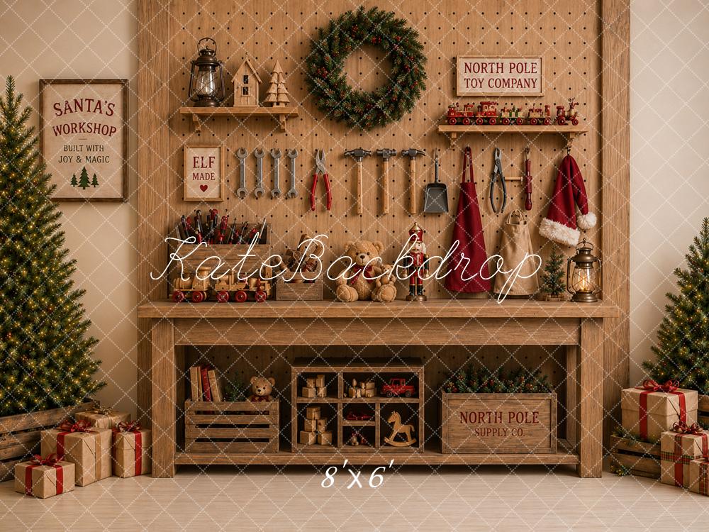 Kate Christmas Toy Workshop Wood Mantel Printed Backdrop Designed by Caitlin Lynch