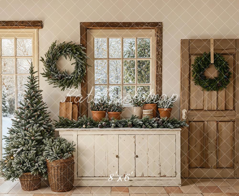 Kate Christmas Neutral Pine Tree Wreath Vintage Door Cabinet Backdrop Designed by Emetselch