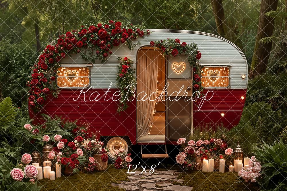 Kate Valentines Red Camper Floral Garland Candles Forest Backdrop Designed by Emetselch
