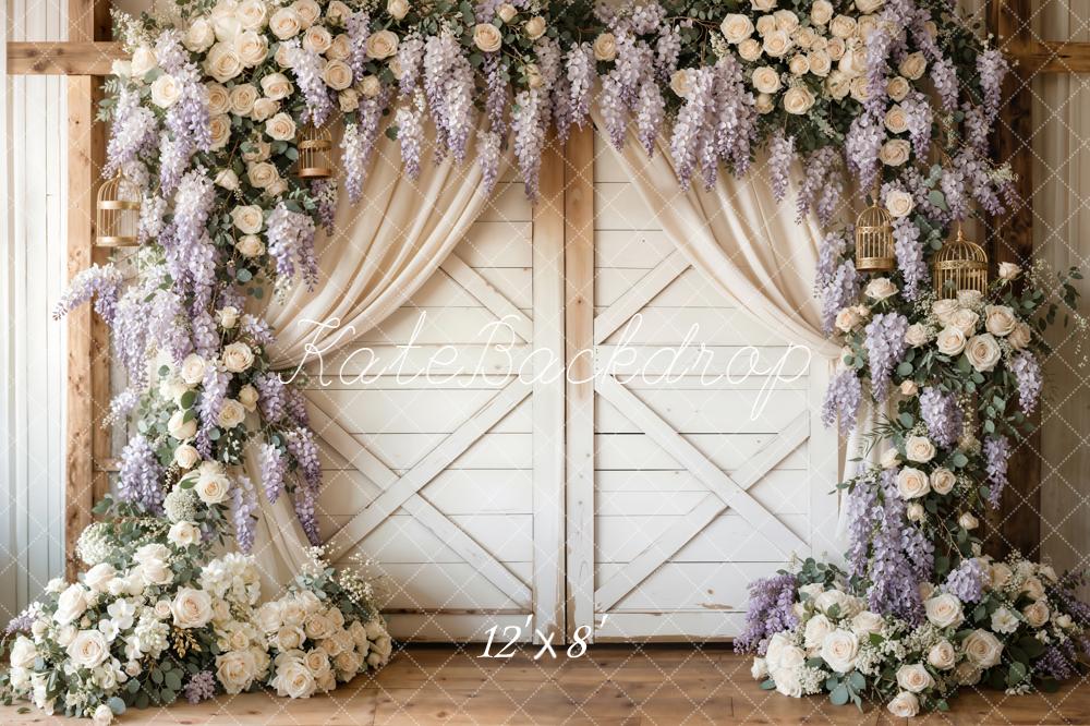Kate Spring Flower Arch White Barn Door Lavender Roses Backdrop Designed by Emetselch