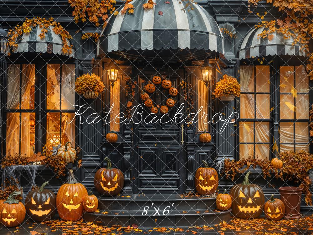 Kate Halloween Pumpkin Doorway Fallen Leaves Black Backdrop Designed by Emetselch