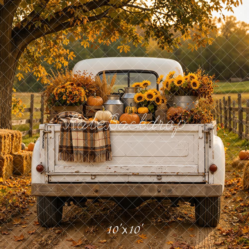 Kate Fall White Truck Rustic Sunflowers Pumpkins Hay Bales Printed Backdrop Designed by Emetselch