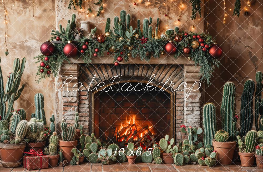 Retro Wand Kerst Cactus Haard Foto Achtergrond Designed by Emetselch