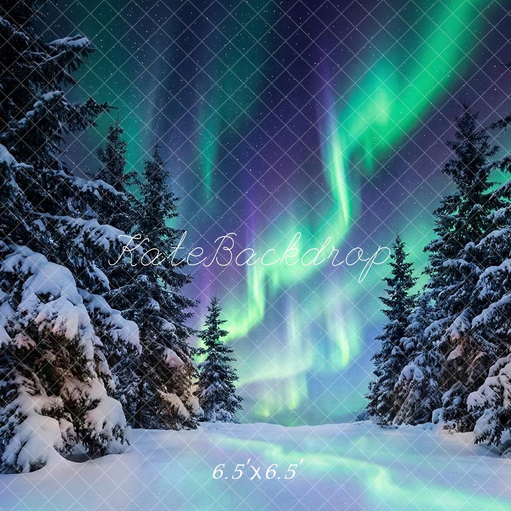 Kate Winter Aurora Borealis Snowy Pine Trees Printed Backdrop Designed by Happy Squirrel Design