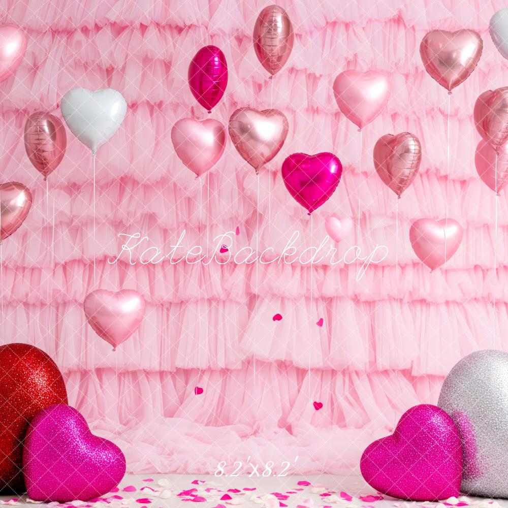 Kate Valentine's Day Pink Ruffle Heart Balloons Glitter Hearts Backdrop Designed by Patty Roberts