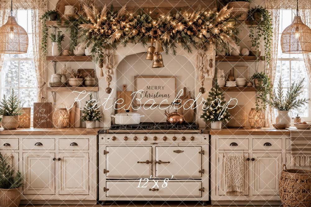 Kate Christmas Kitchen Boho Farmhouse Garland White Cabinet Printed Backdrop Designed by Ashley Paul