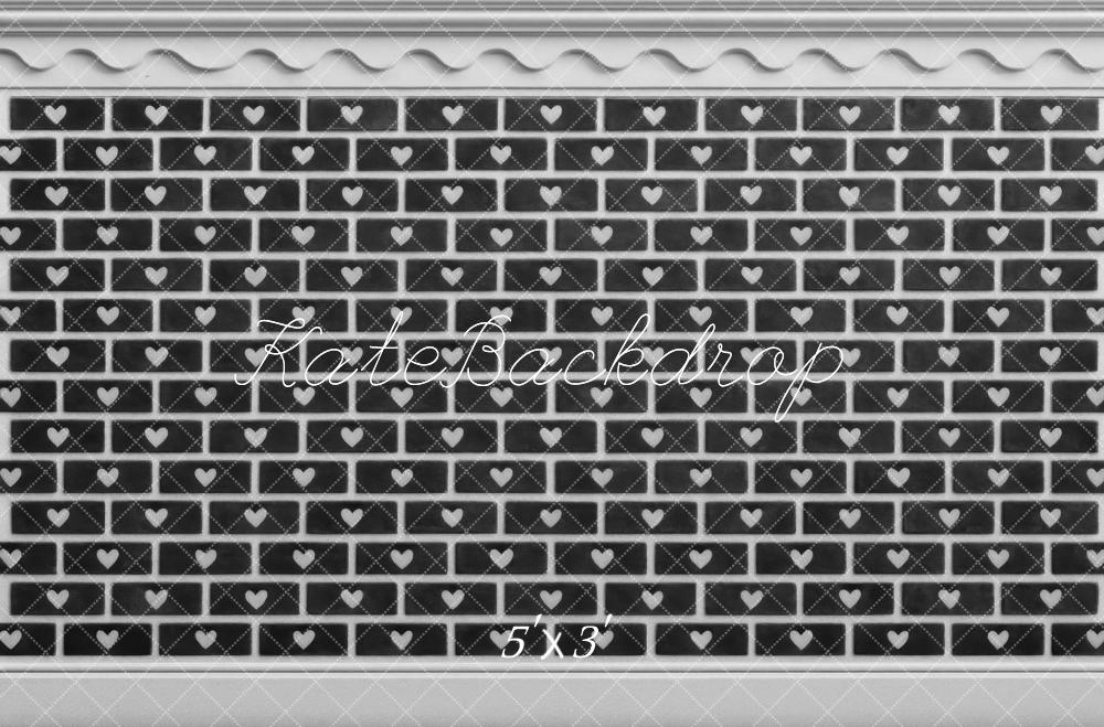 Kate Valentine's Day Black Brick Wall With White Hearts Backdrop Designed by Mini MakeBelieve
