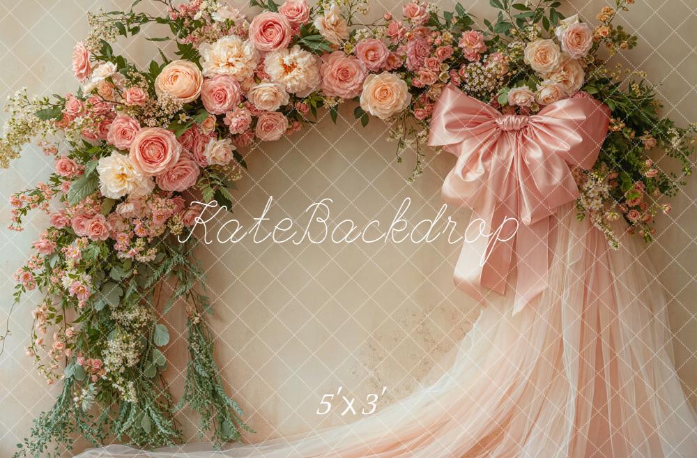 Kate Spring Flower Arch Pink Roses Satin Bow Tulle Backdrop Designed by Emetselch