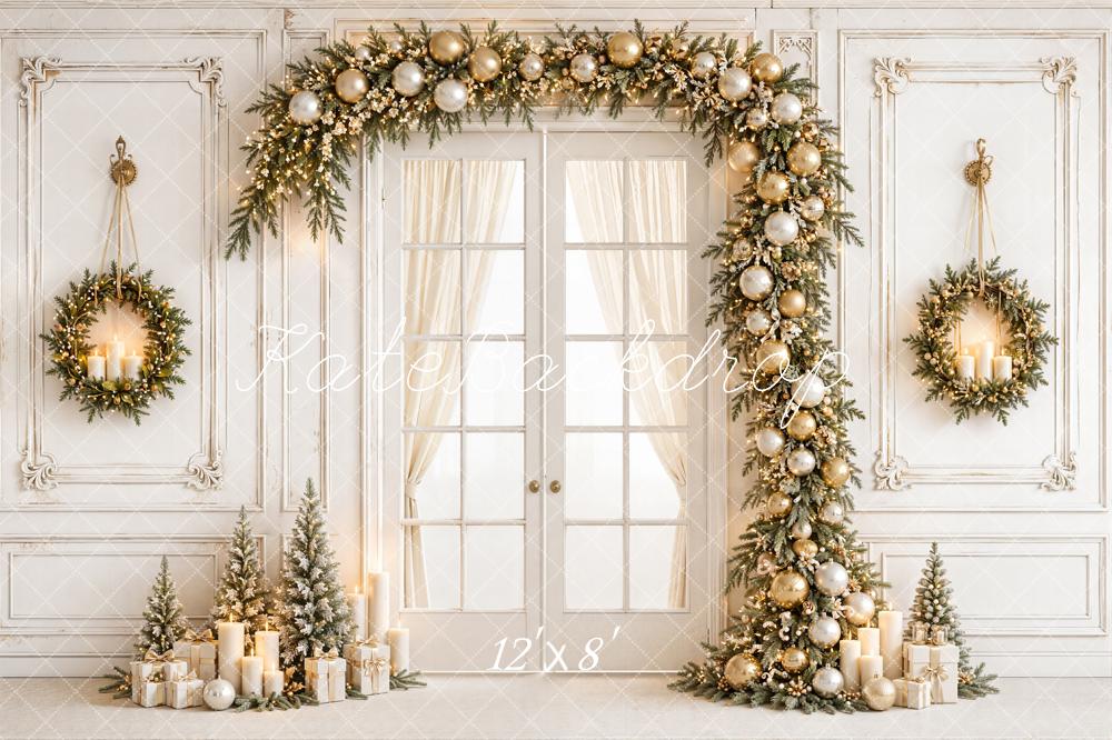Kate Christmas White Gold Garland Wreaths French Doors Printed Backdrop Designed by Emetselch