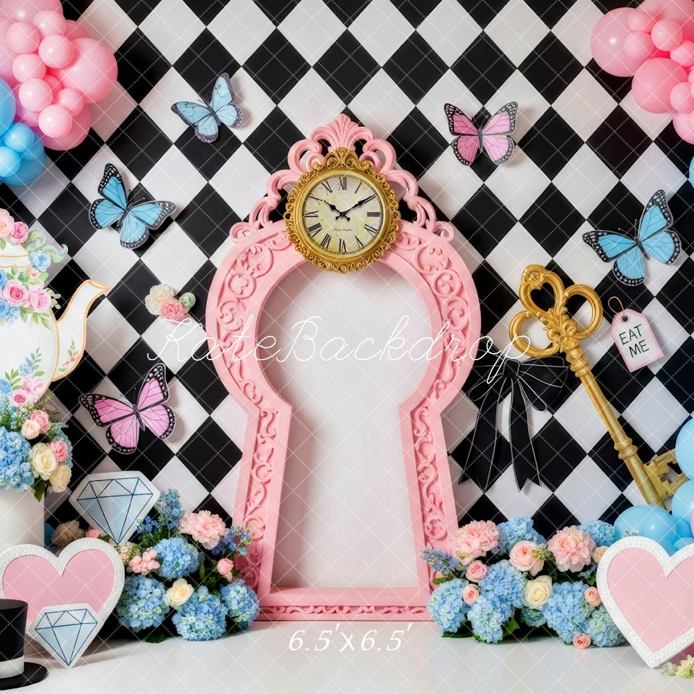 Kate Cake Smash Fantasy Clock Key Teapot Balloons Floral Backdrop Backdrop Designed by Patty Roberts