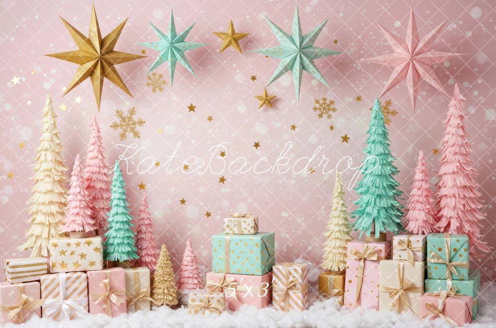 Kate Christmas Pink Pastel Trees Gold Stars Gift Boxes Backdrop Designed by Patty Roberts