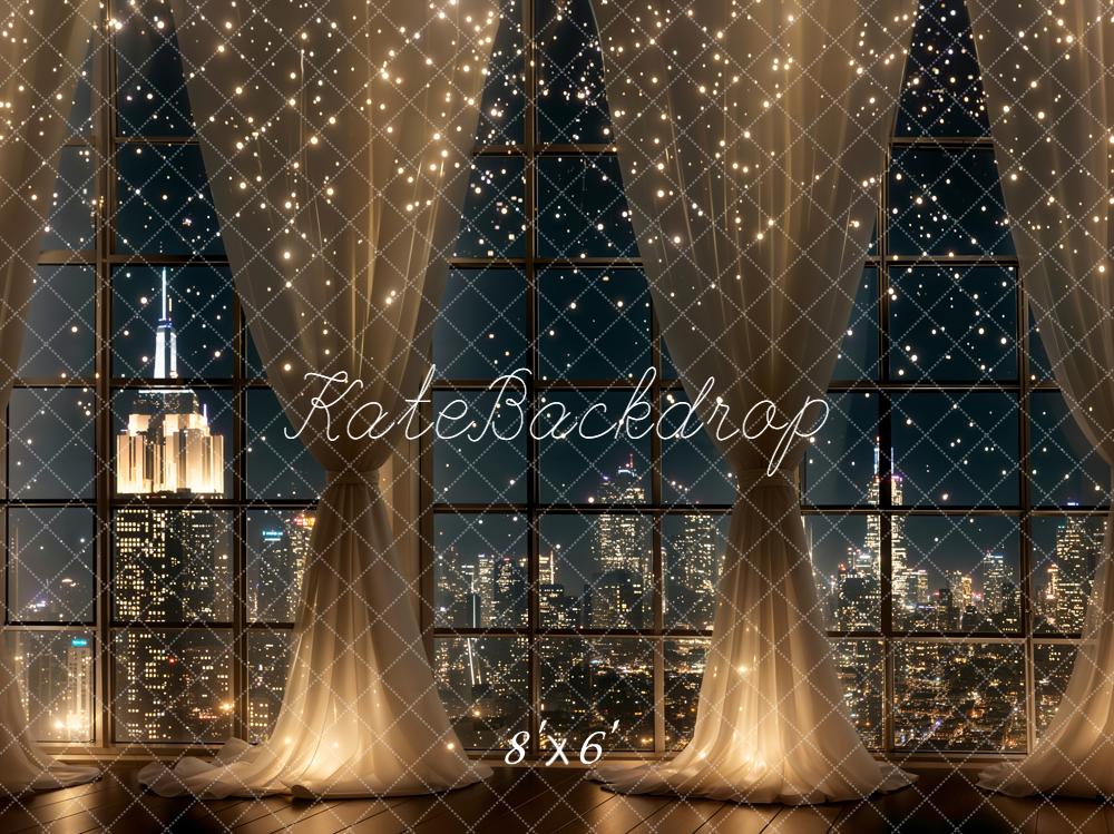 Kate New Year City Night Skyline Window Curtains String Lights Printed Backdrop Designed by Chain Photography