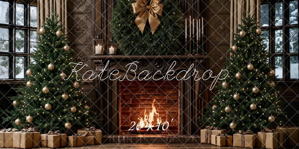 Kate Christmas Retro Brown Fireplace Trees Bow Gifts Printed Backdrop Designed by Emetselch
