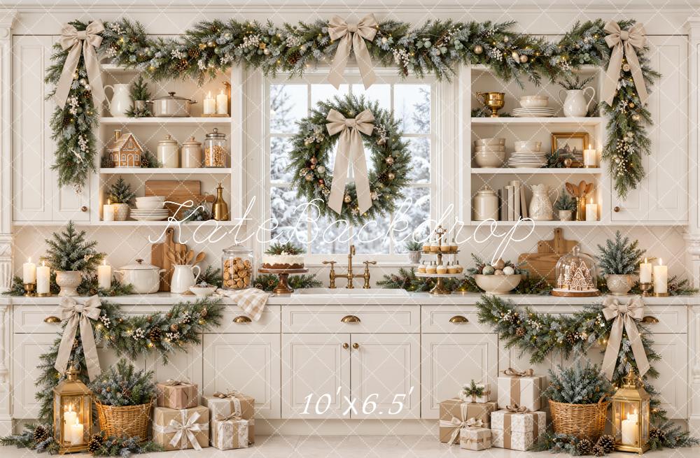 Kate Christmas Kitchen Cream Garland Bows Window Printed Backdrop Designed by Emetselch