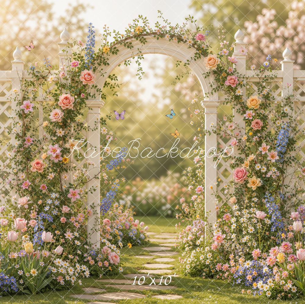 Kate Spring Romantic Flower Arch Garden Pathway Butterflies Printed Backdrop Designed by Emetselch