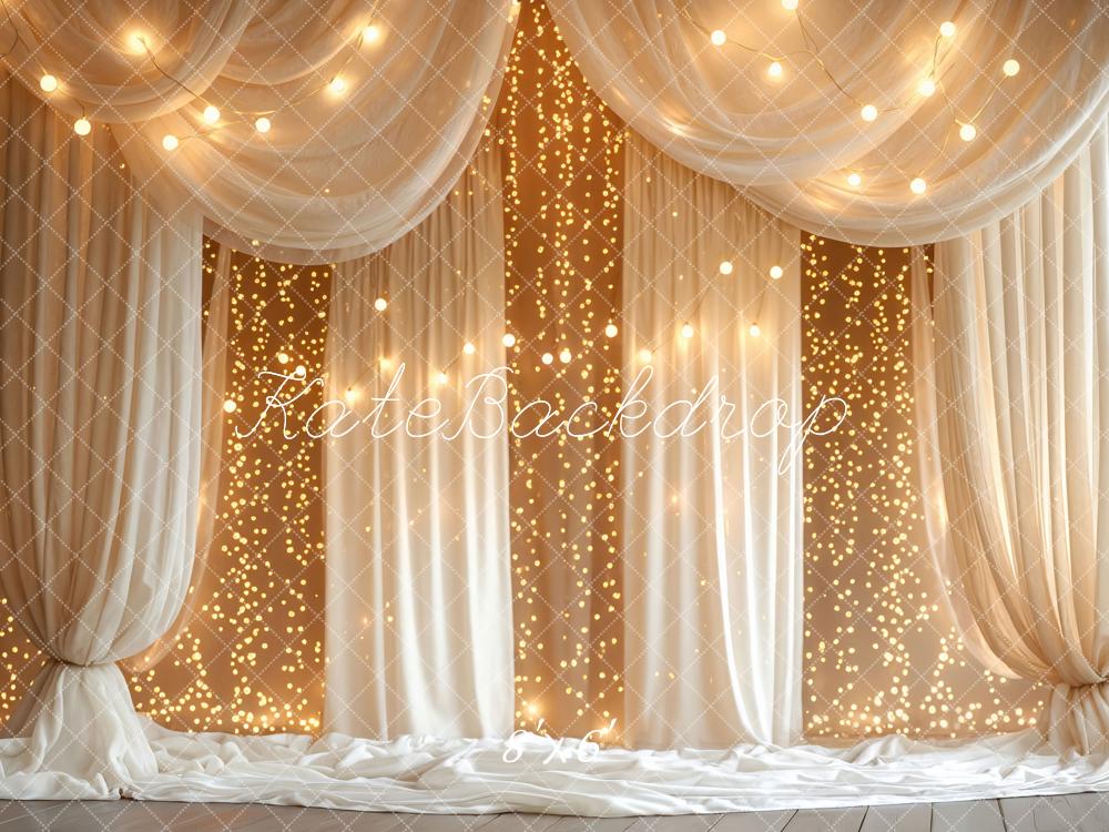 Kate White Drapes String Lights Curtain Printed Backdrop Designed by Mini MakeBelieve