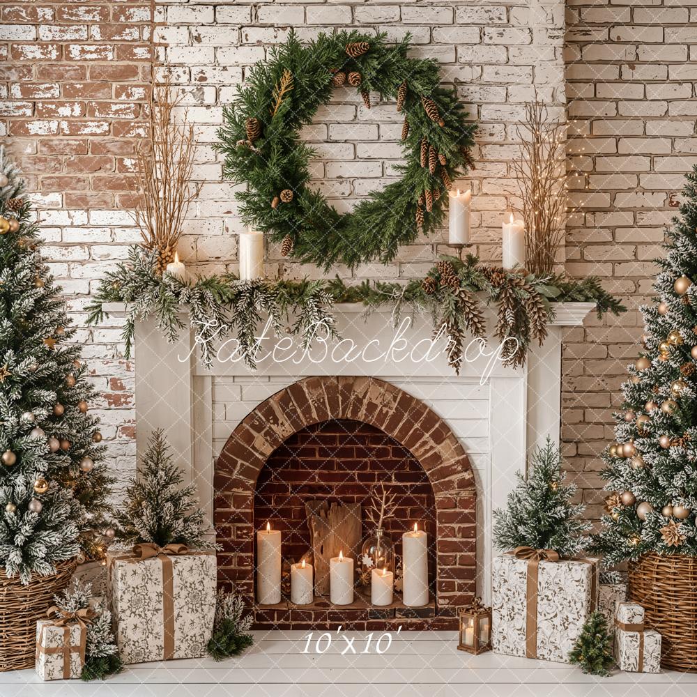Kate Christmas Fireplace Tree Wreath Brick Wall Printed Backdrop Designed by Emetselch